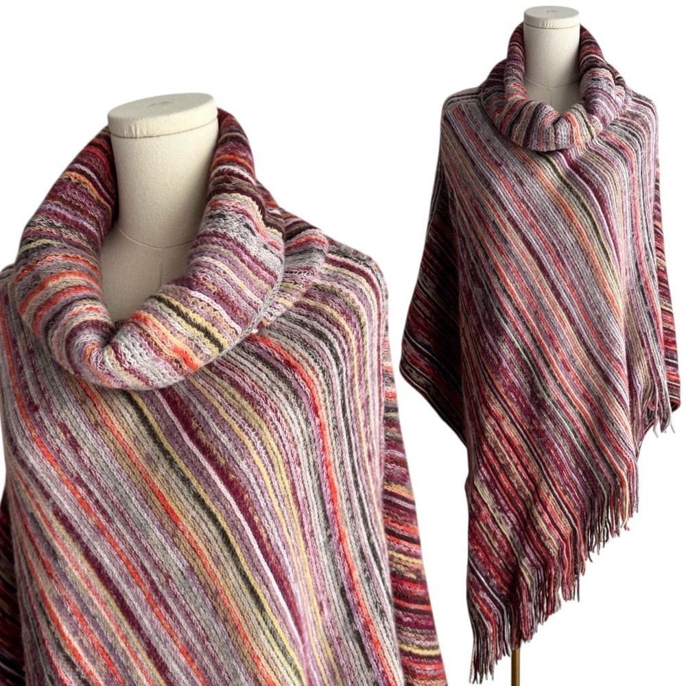 Cejon Colourful Knit Poncho O/S Rainbow Fringe Soft Boho Turtleneck Cozy Fall